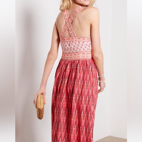 New Faherty Floral Block Multiprint Sm 4/6 Pink Linen Halter Criss-Cross Maxi - Picture 8 of 14